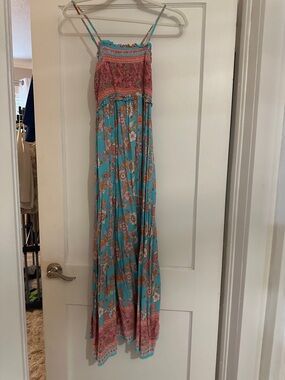Turquoise Floral Maxi Sundress with Pink Accents
